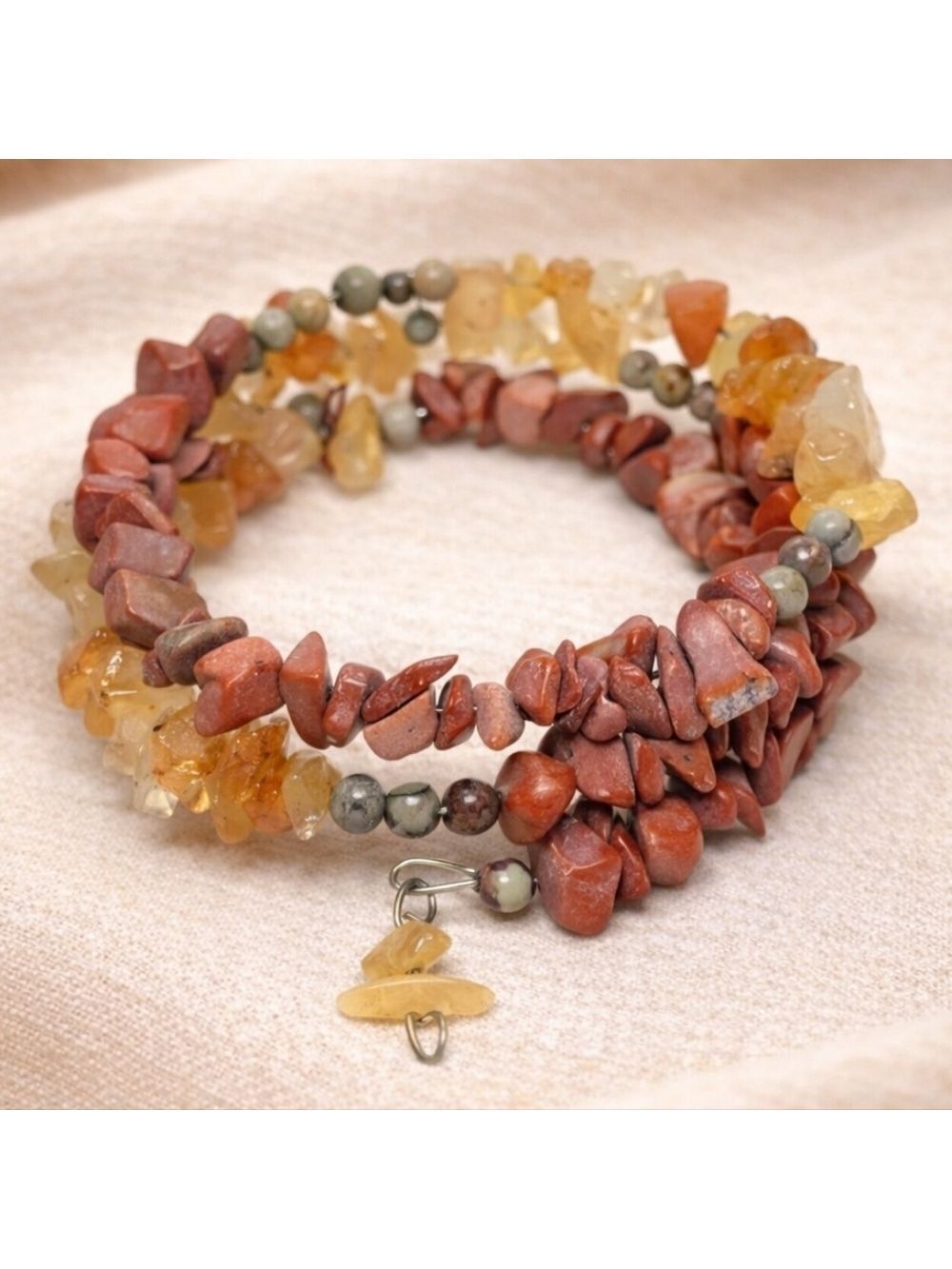 Red Jasper & Citrine Style Coil Wrap Bracelet – Natural Stone Boho Earthy – New
